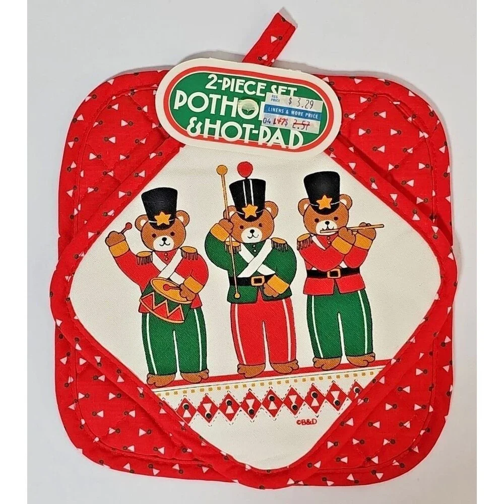 Vtg B & D Christmas Pot Holder Hot Pad Set NOS Teddy Bear Band Holiday Kitchen